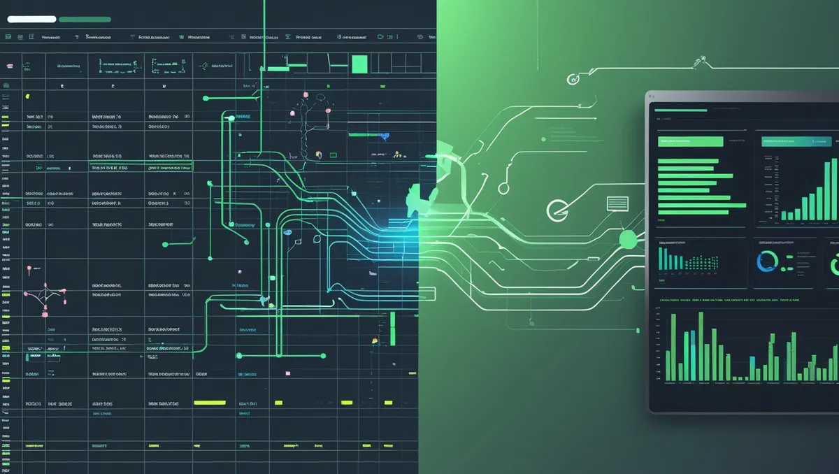 Spreadsheet transformation visualization showing complex data structures being simplified